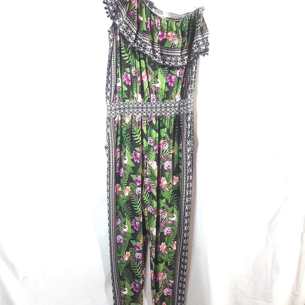 Inc floral pom pom edged one shoulder jumpsuit